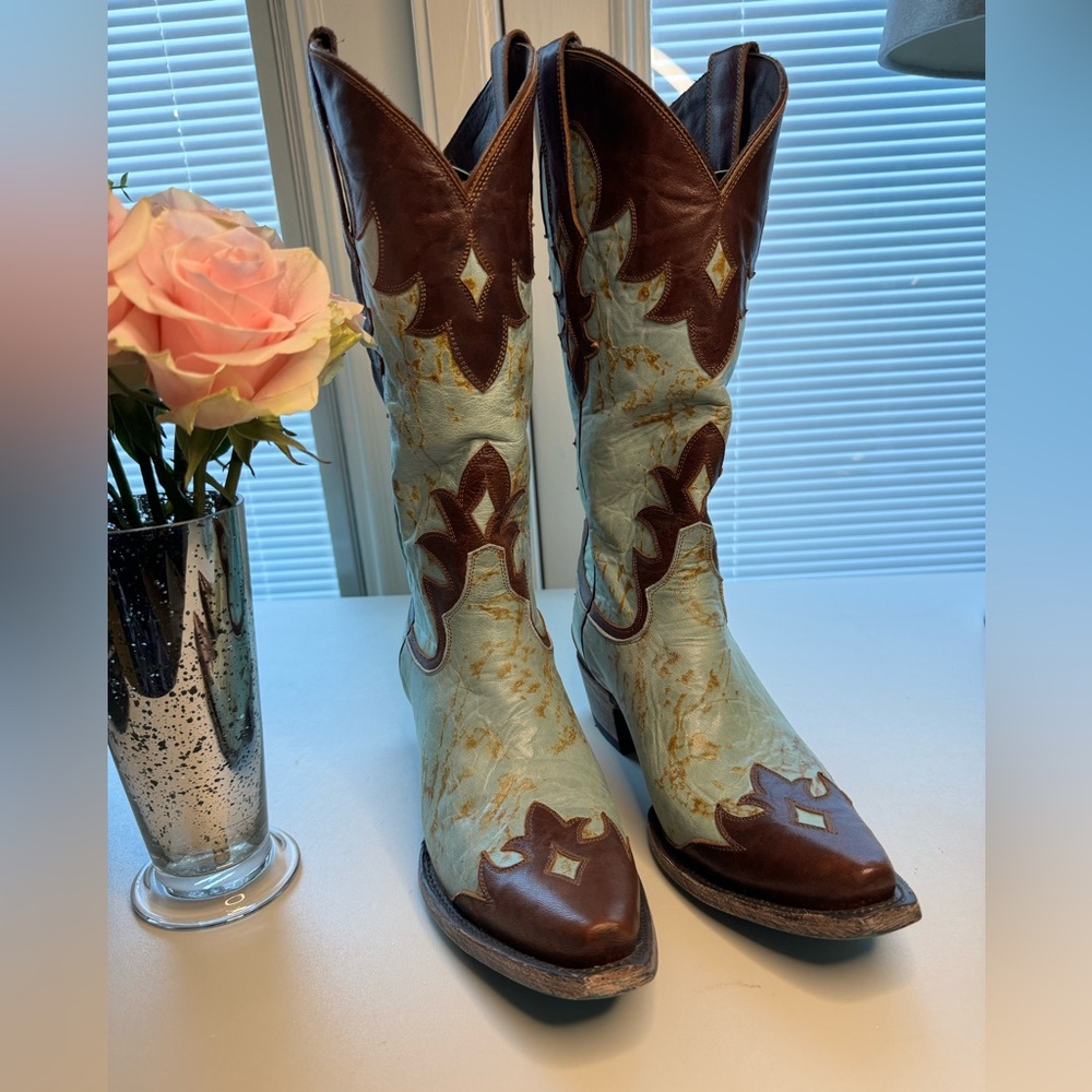 Lane Jeni Lace Square Brown & Turquoise Womens Cowboy Boots 9.5 Western Cowgirl